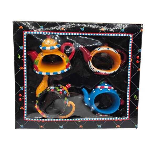 Set of 4 Mary Engelbreit Napkin Rings Time for Tea Teapot Whimsical NEW - Picture 1 of 4